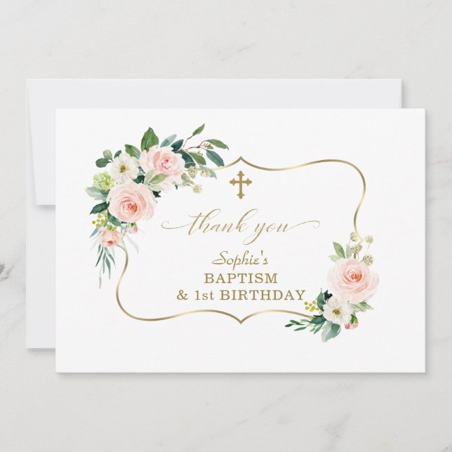 Charm Blush Flowers Gold Girl 1st Birthday Baptism Thank You Card (Front)
