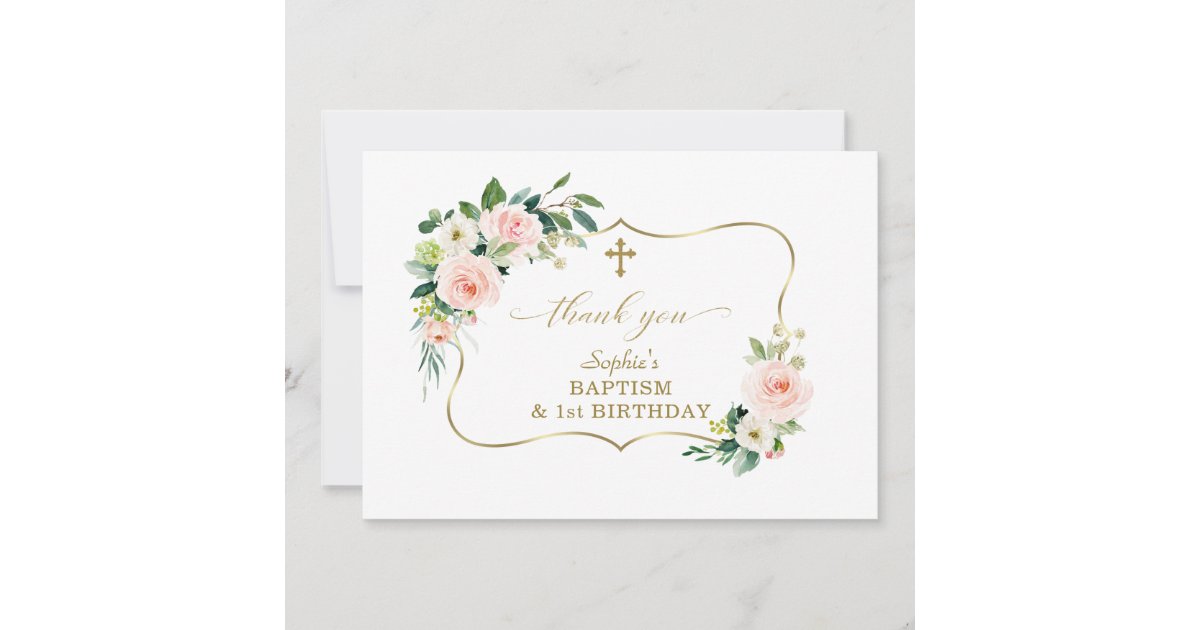 Charm Blush Flowers Gold Girl 1st Birthday Baptism Thank You Card | Zazzle