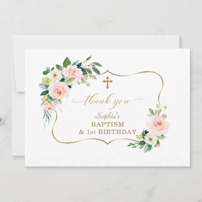 Charm Blush Flowers Gold Girl 1st Birthday Baptism Thank You Card | Zazzle