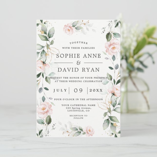 Charm Blush Flowers Gold Leaves All In One Wedding Invitation (Standing Front)