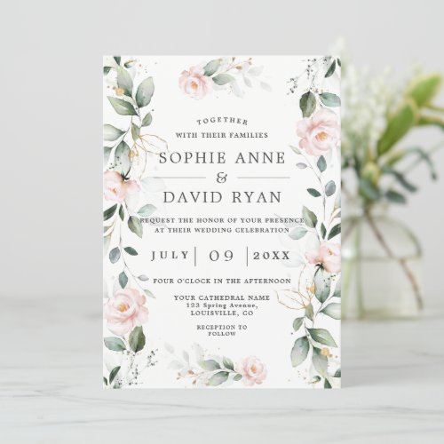 Charm Blush Flowers Gold Leaves All In One Wedding Invitation