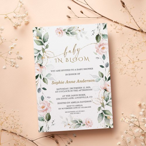 Charm Blush Flowers Gold Leaves Baby in Bloom Invitation