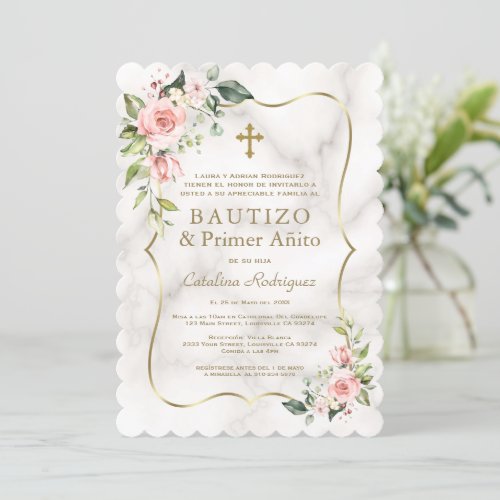 Charm Blush Flowers Spanish 1st Birthday Baptism  Invitation