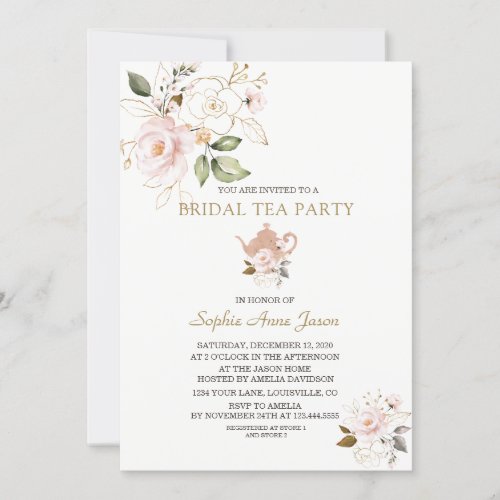 Charm Blush Gold Floral Bridal Shower Tea Party Invitation