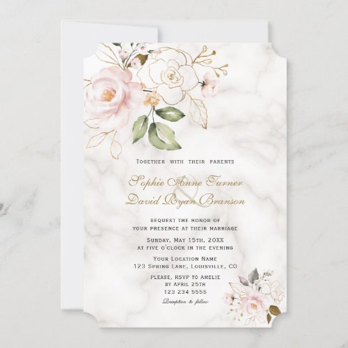 Charm Blush Gold Flowers Monogram Wedding Invitation