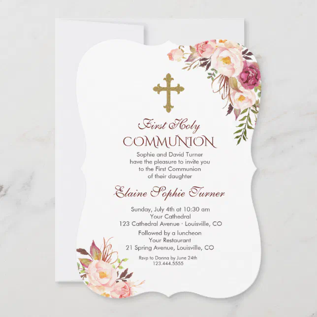 Charm Blush Pink Floral First Holy Communion Invitation | Zazzle