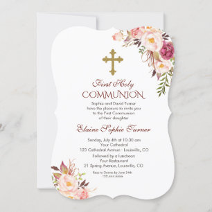 Charm Blush Pink Floral First Holy Communion Invitation