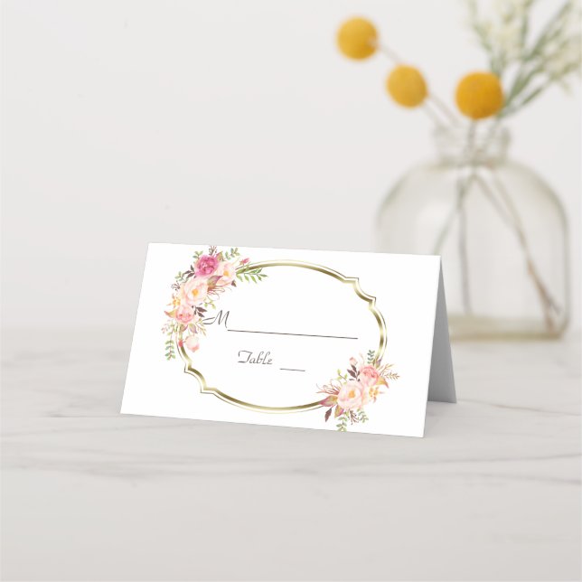 Charm Blush Pink Floral Gold Wedding Table Number Place Card (Front)