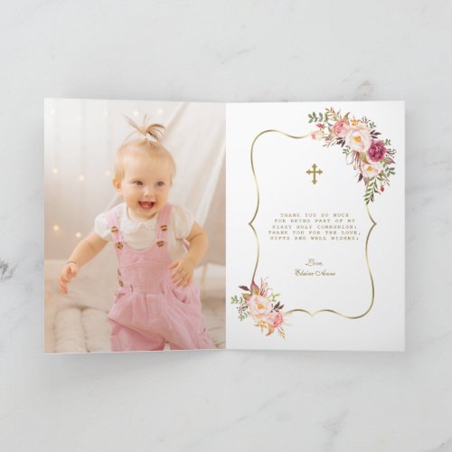 Charm Blush Pink Flowers Girl Photo Holy Communion Thank You Card