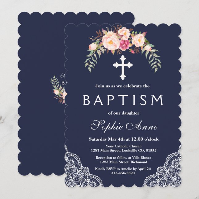 Charm Blush Pink Flowers Lace Navy Baptism Invitation (Front/Back)