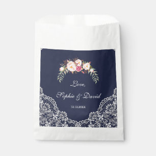 Charm Blush Pink Flowers Lace Navy Wedding Favor Bag