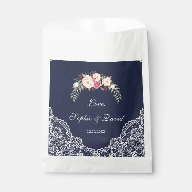 Charm Blush Pink Flowers Lace Navy Wedding Favor Bag (Front)