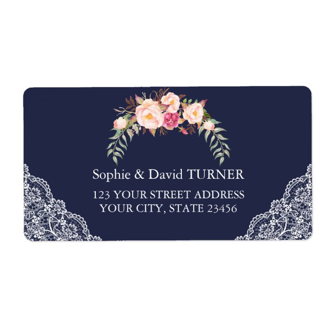 Charm Blush Pink Flowers Lace Navy Wedding Label (Front)