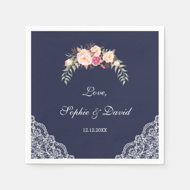 Charm Blush Pink Flowers Lace Navy Wedding Napkins (Front)