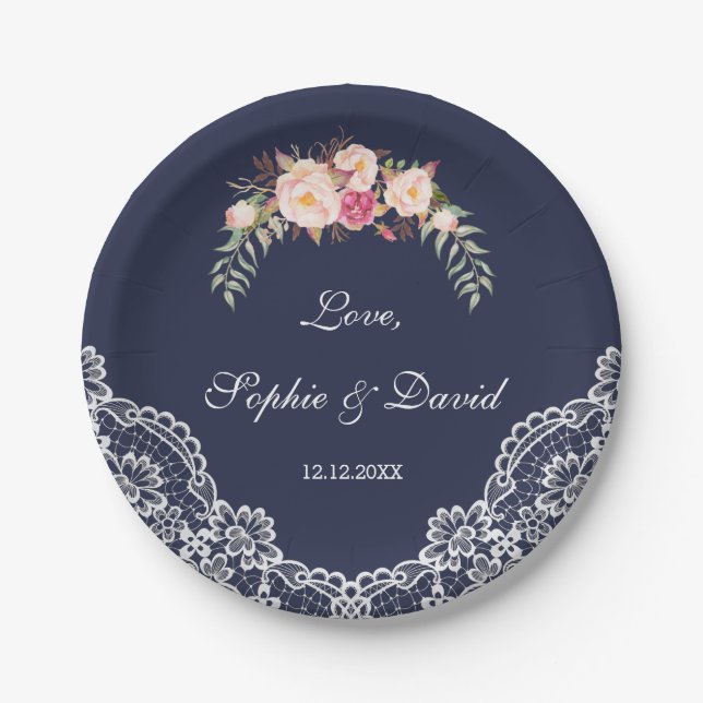 Charm Blush Pink Flowers Lace Navy Wedding Paper Plates (Front)