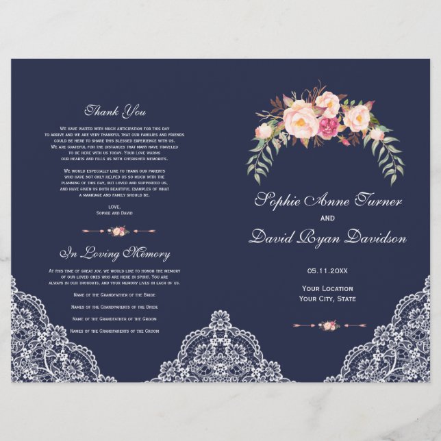 Charm Blush Pink Flowers Lace Navy Wedding Program Flyer (Front)