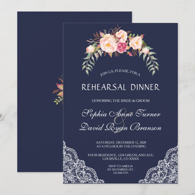 Charm Blush Pink Flowers Lace Rehearsal Dinner Invitation (Front/Back)