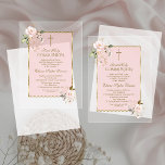 Charm Blush Pink Gold Floral Cross Holy Communion Acrylic Invitations