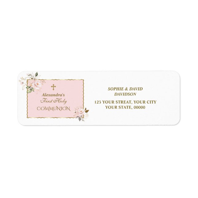 Charm Blush Pink Gold Floral Holy Communion Label (Front)
