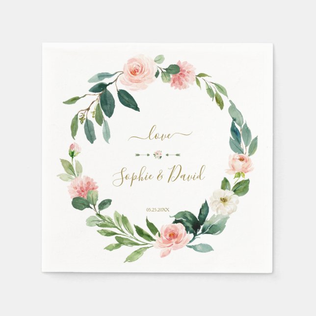 Charm Blush White Flowers Calligraphy Wedding Napkins (Front)