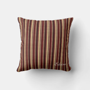 Charm Burgundy Beige Taupe Stripes Custom Monogram Throw Pillow