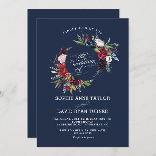 Charm Burgundy Blue Flowers Geometric Wedding Invitation