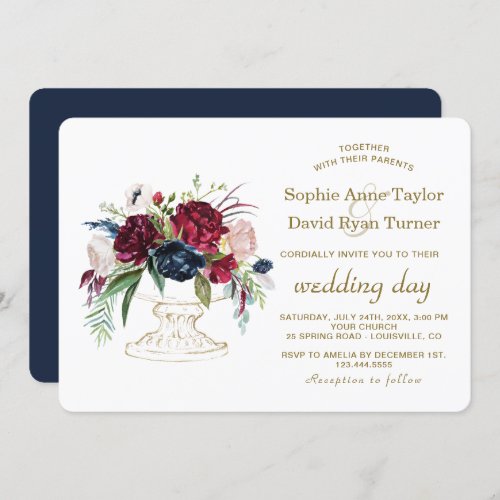 Charm Burgundy Blue Watercolor Flowers Wedding Invitation