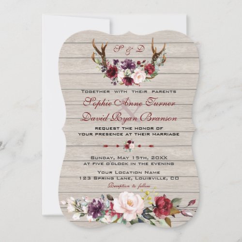 Charm Burgundy Blush Floral Antlers Barn Wedding Invitation