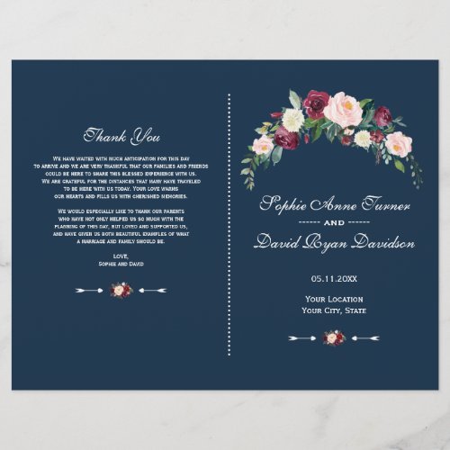 Charm Burgundy Blush Floral Blue Wedding Program Flyer