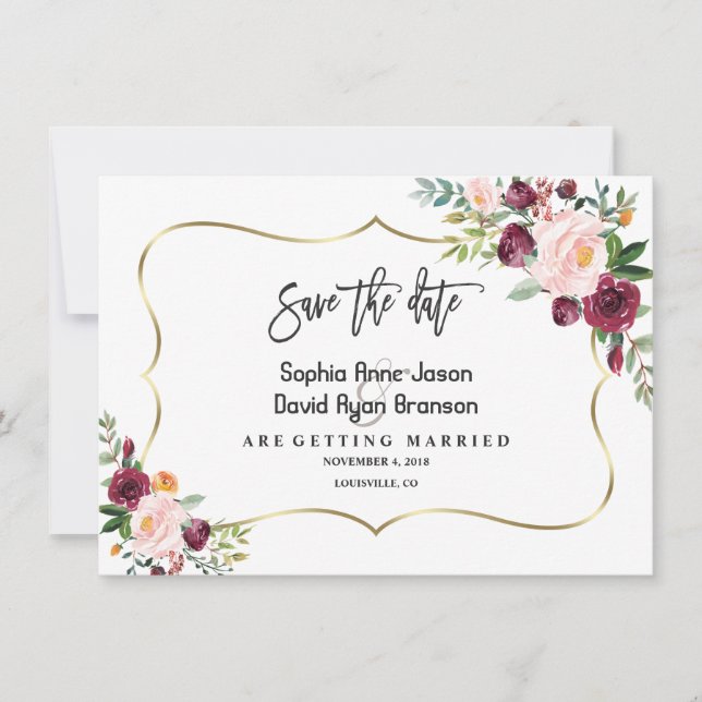 Charm Burgundy Blush Floral Gold Save The Date (Front)
