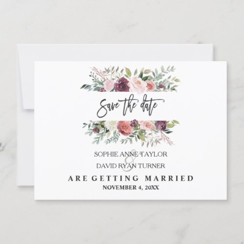 Charm Burgundy Blush Floral Gold Save The Date