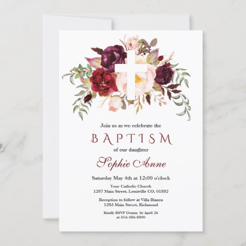 Charm Burgundy Blush Floral White Cross Baptism Invitation