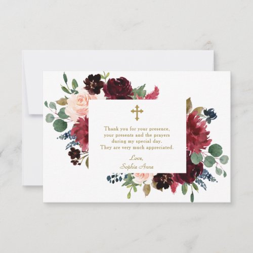 Charm Burgundy Blush Flowers Cross Girl Baptism Thank You Card