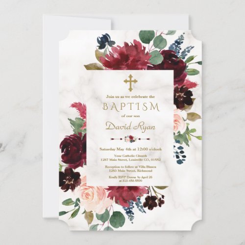 Charm Burgundy Blush Flowers Cross Marble Baptism Invitation