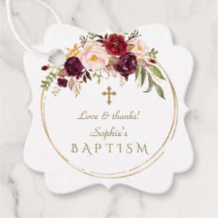 Charm Burgundy Blush Flowers Gold Frame Baptism Favor Tags