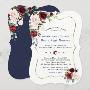 Charm Burgundy Blush Flowers Gold Frame Wedding Invitation