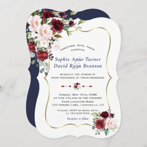 Charm Burgundy Blush Flowers Gold Frame Wedding Invitation