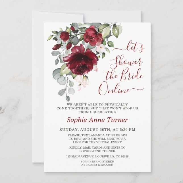 Charm Burgundy Blush Flowers Virtual Bridal Shower Invitation (Front)