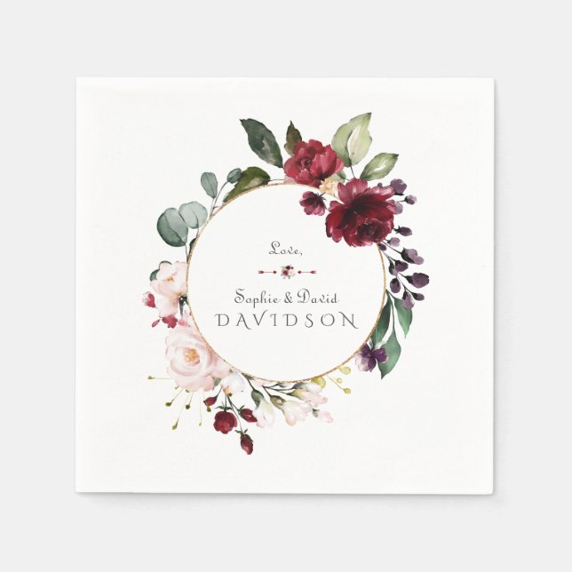 Charm Burgundy Blush Flowers Wreath Wedding Napkins (Front)