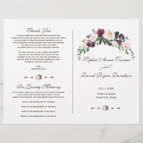 Charm Burgundy Blush Ivory Floral Wedding Program