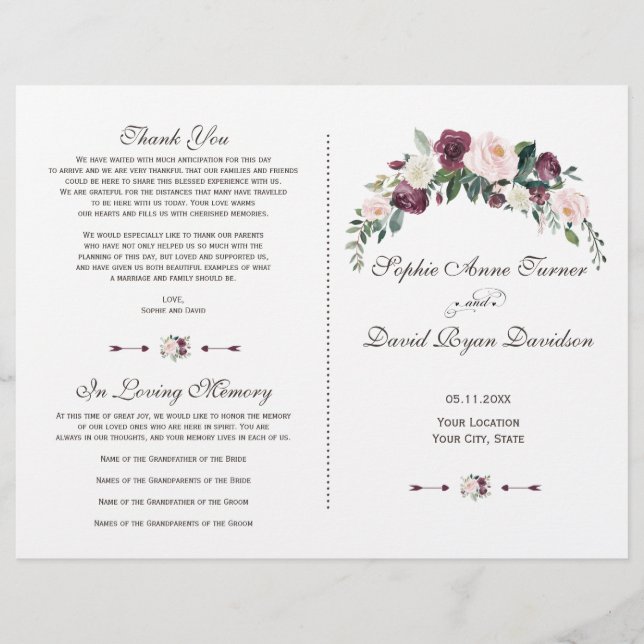 Charm Burgundy Blush Ivory Floral Wedding Program (Front)