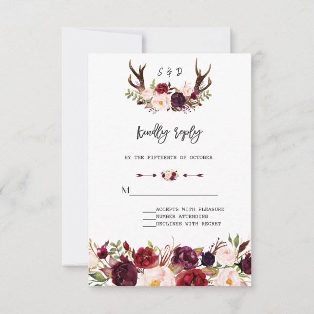 Charm Burgundy Floral Antlers Handwriting RSVP (Front)