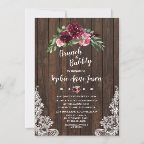 Charm Burgundy Floral Brunch Bubbly Bridal Shower Invitation