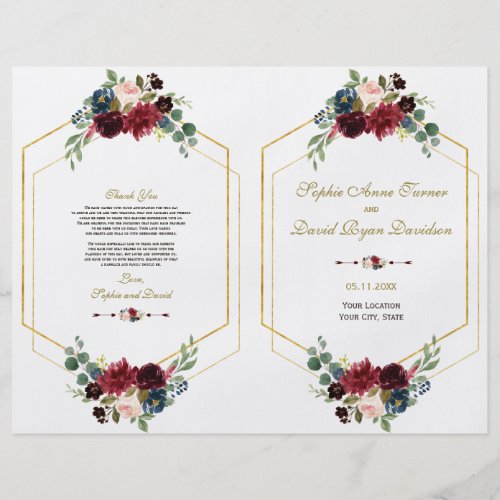 Charm Burgundy Floral Gold Frame Wedding Program Flyer