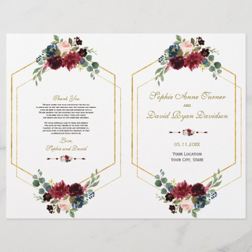 Charm Burgundy Floral Gold Frame Wedding Program Flyer