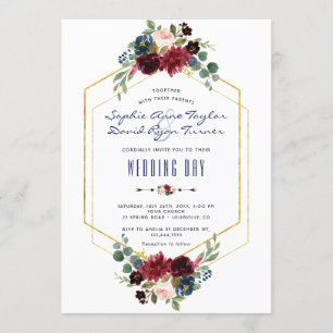 Charm Burgundy Floral Gold Hexagon Frame Wedding Invitation
