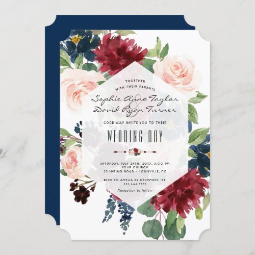 Charm Burgundy Floral Hexagon Frame Wedding Invitation