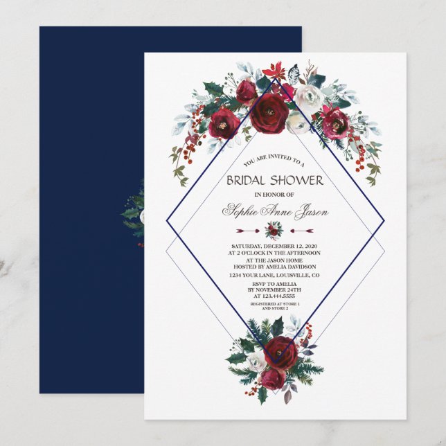Charm Burgundy Floral Navy Blue Bridal Shower Invitation (Front/Back)