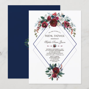 Charm Burgundy Floral Navy Blue Bridal Shower Invitation