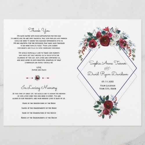 Charm Burgundy Floral Navy Blue Wedding Program